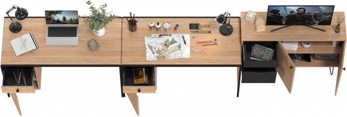 Брюс Стол 12.157 + Комод 16.233 + Стол 12.157, цвет чёрный/дуб Сантьяго/столешница МДФ ель карпатская, 373,4х62,6(38,3)х75(85,6) см., ун. сб.