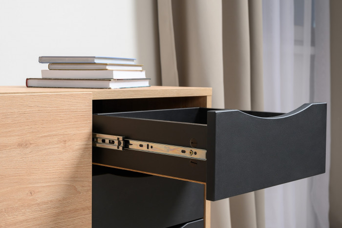 Брюс Стол 12.157 + Комод 16.233 + Стол 12.157, цвет чёрный/дуб Сантьяго/столешница МДФ ель карпатская, 373,4х62,6(38,3)х75(85,6) см., ун. сб.