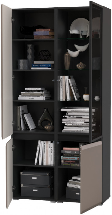 Сидней 13.200 Шкаф + Шкаф-витрина 13.201, цвет корпус: антрацит/фасады: МДФ веллюто капучино/стекло, ШхГхВ 100х41,3х205,2 см., универсальная сборка