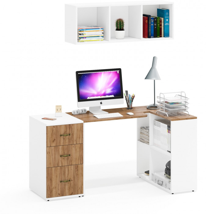 Лидер-8 Стол + Полка + Тумба МД 3.16, белый шагрень/крафт золото