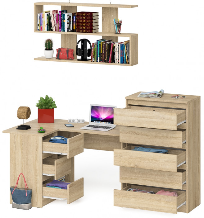 Мори компьютерный стол МС-16 левый + Комод МК700.5 + Полка 1200, дуб сонома