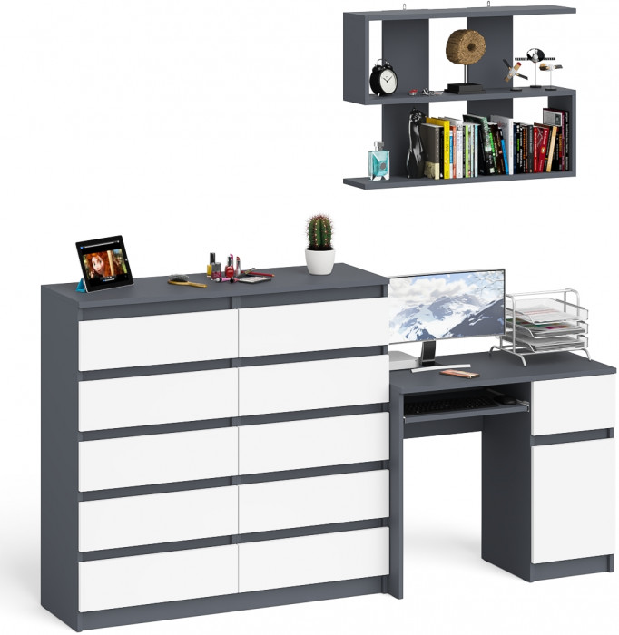 Мори Стол компьютерный МС-1 правый + Комод МК1200.10 + Полка 900, цвет графит/белый, ШхГхВ 210,4х50х209,6 см., НЕ универсальная сборка