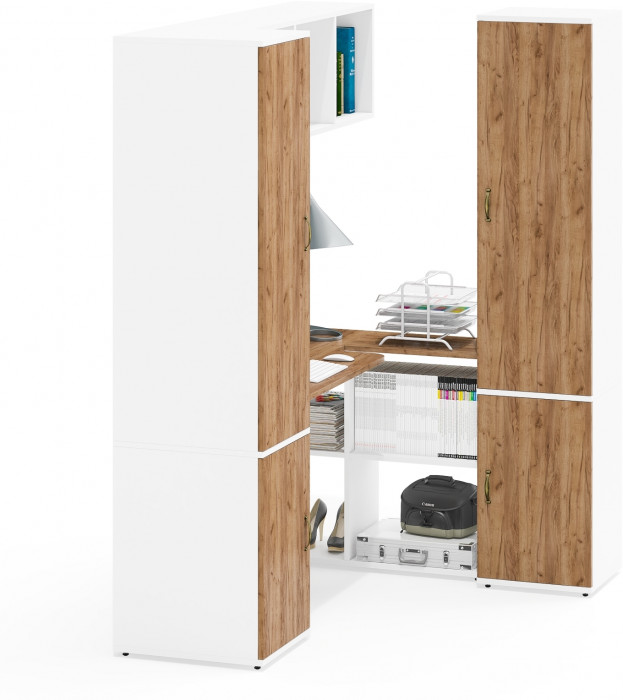 Лидер-8 Пенал МД 23Б + Стол + Полка + Пенал 22Б, белый шагрень/крафт золото