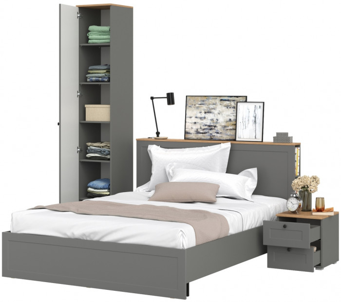 Остин 11.53 Кровать + ортопед + 13.227 Шкаф-пенал + 16.152 Тумба прикроватная, серый графит/дуб крафт золотой