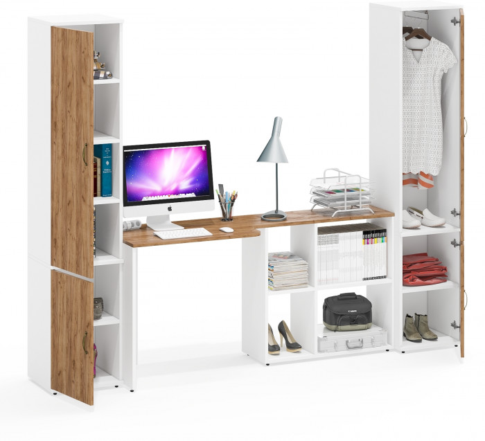 Лидер-8 Пенал МД 22Б + Стол + Пенал 21Б, цвет белый шагрень/крафт золото, ШхГхВ 245х50/37,5х75/190 или 155х120/50х75/190 см., НЕ универсальная сборка