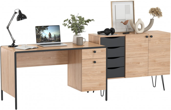 Брюс Стол письменный 12.157 + Комод 16.233, цвет чёрный/дуб Сантьяго/столешница МДФ ель карпатская, 243,4х62,6(38,3)х75(85,6) см., ун. сб.