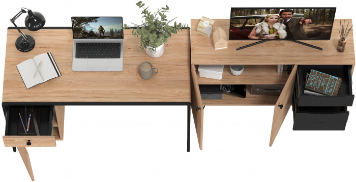 Брюс Стол письменный 12.157 + Комод 16.233, цвет чёрный/дуб Сантьяго/столешница МДФ ель карпатская, 243,4х62,6(38,3)х75(85,6) см., ун. сб.