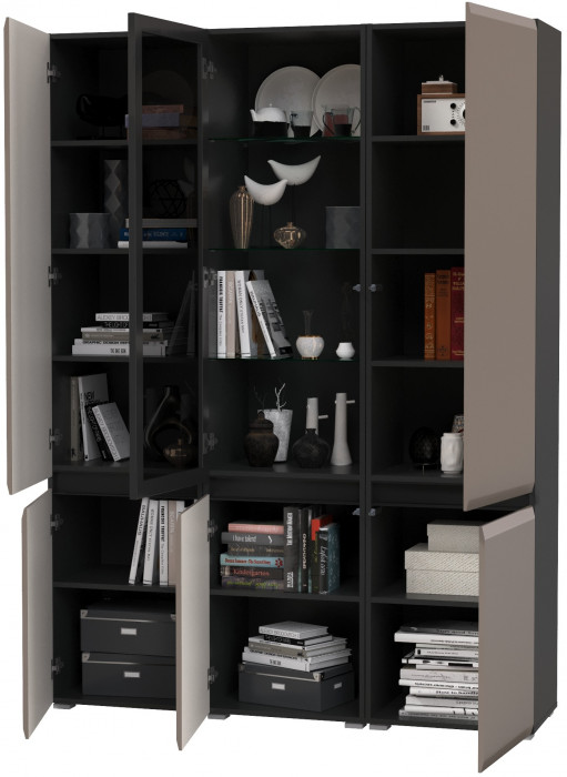 Сидней 13.200 Шкаф 2 штуки + Шкаф-витрина 13.201, цвет корпус: антрацит/фасады: МДФ веллюто капучино/стекло, ШхГхВ 150х41,3х205,2 см., универс. сб.