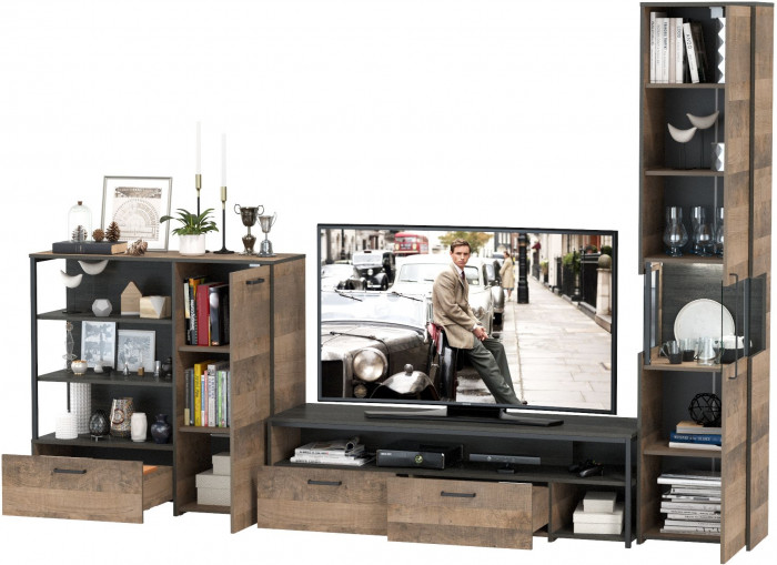 Трувор Гостиная 022, цвет дуб гранж песочный/интра, ШхГхВ 303,6х45,4х210 см., универсальная сборка