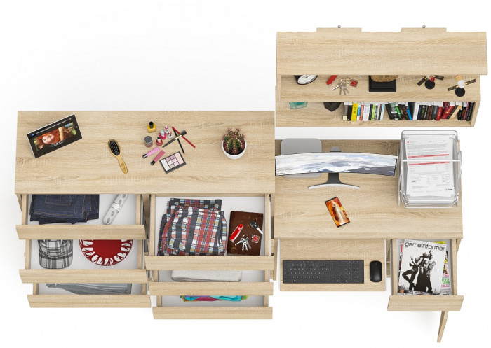 Мори Стол компьютерный МС-1 правый + Комод МК1200.10 + Полка 900, цвет дуб сонома, ШхГхВ 210,4х50х209,6 см., НЕ универсальная сборка