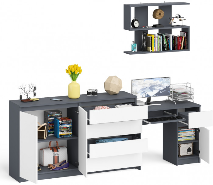 Мори компьютерный стол МС-1 правый + Комод МК1600.1 + Полка 900, графит/белый