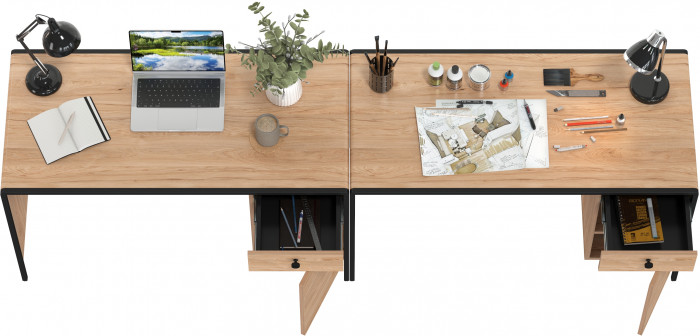 Брюс Стол письменный 12.157 + Стол письменный 12.157, цвет чёрный/дуб Сантьяго/столешница МДФ ель карпатская, ШхГхВ 260х62,6х75 см., ун. сб.