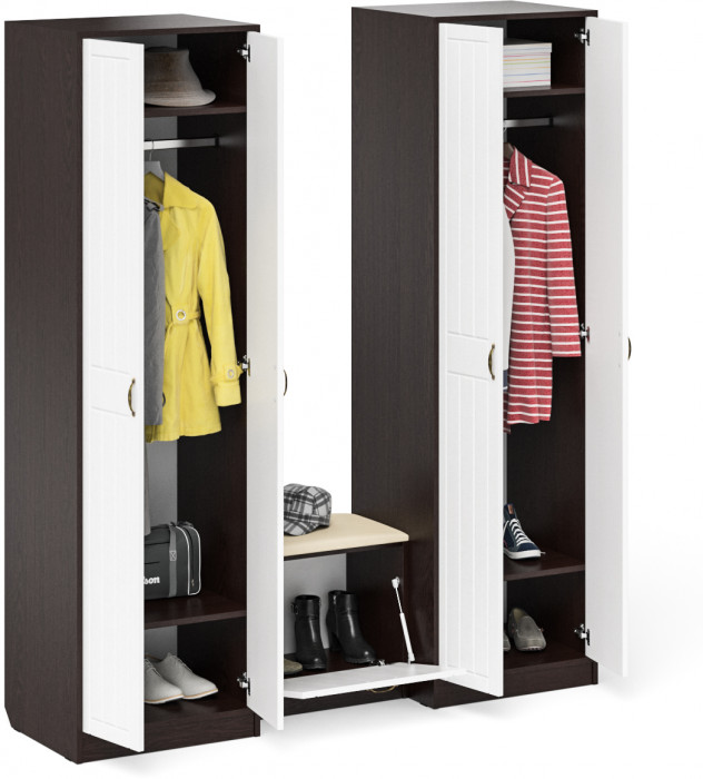 Прихожая П-6 Компоновка № 07, цвет венге/фасады МДФ белое дерево фрезеровка прованс, ШхГхВ 180х50х210 см., универсальная сборка