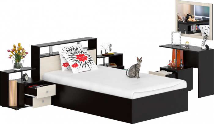 Камелия спальня № 6 Кровать 1200 + Две тумбы + Стол косметический + Зеркало, цвет венге/дуб лоредо, сп.м. 1200х2000 мм., б/м, основание есть