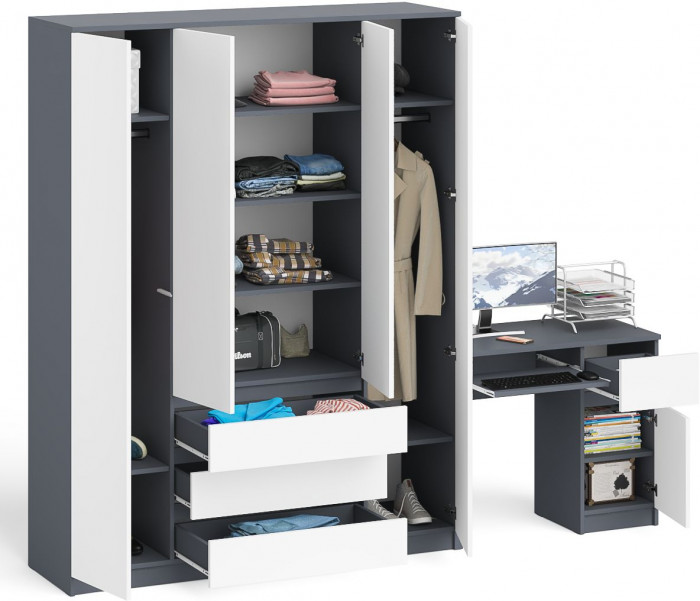 Мори компьютерный стол МС-1 правый + Шкаф МШ1600.1, графит/белый