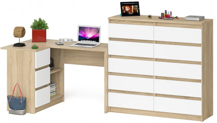 Мори Стол компьютерный МС-16 левый + Комод МК1200.10, цвет дуб сонома/белый, ШхГхВ 244,8х84,9х115 см., выдвижные ящики слев, НЕ универсальная сборкаа