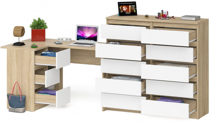 Мори Стол компьютерный МС-16 левый + Комод МК1200.10, цвет дуб сонома/белый, ШхГхВ 244,8х84,9х115 см., выдвижные ящики слев, НЕ универсальная сборкаа