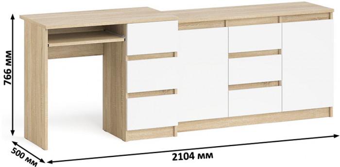 Мори Стол компьютерный МС-6 правый + Комод МК1200.3, цвет дуб сонома/белый, ШхГхВ 210,4х50х76,6 см., выдвижные ящики справа, НЕ универсальная сборка