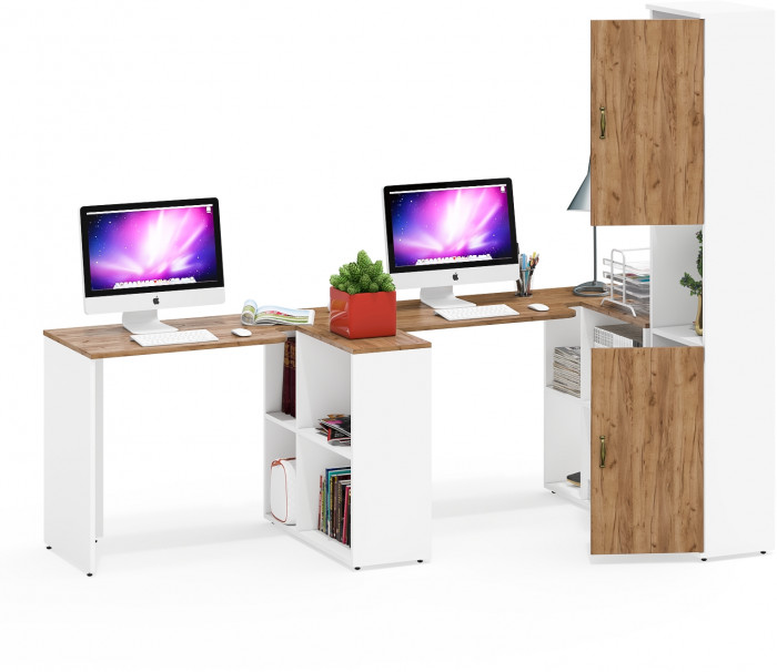 Лидер-8 Стол + Стол + Пенал, белый шагрень/крафт золото