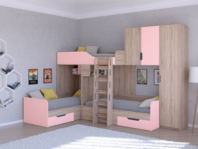 Трехместная кровать ТРИО/2 Сонома/Розовый