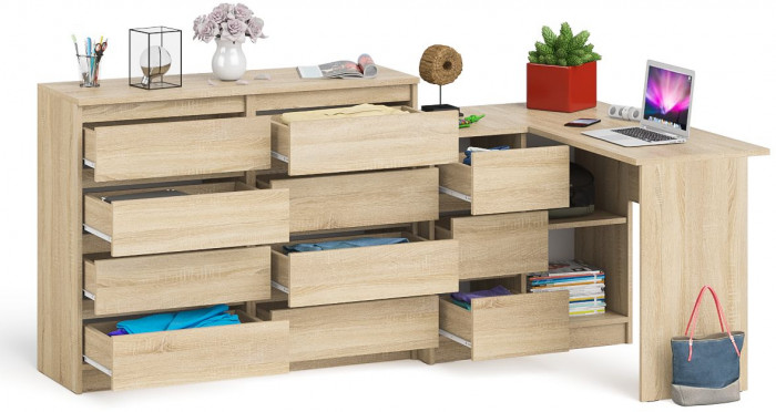 Мори компьютерный стол МС-16 левый + Комод МК1200.8, дуб сонома
