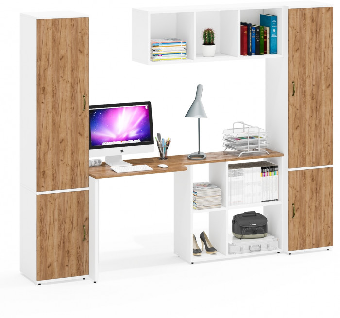 Лидер-8 Пенал МД 22Б + Стол + Полка + Пенал 21Б, цвет белый шагрень/крафт золото, ШхГхВ 245х50х75/190 или 155х120/50х75/190 см., НЕ универс. сборка