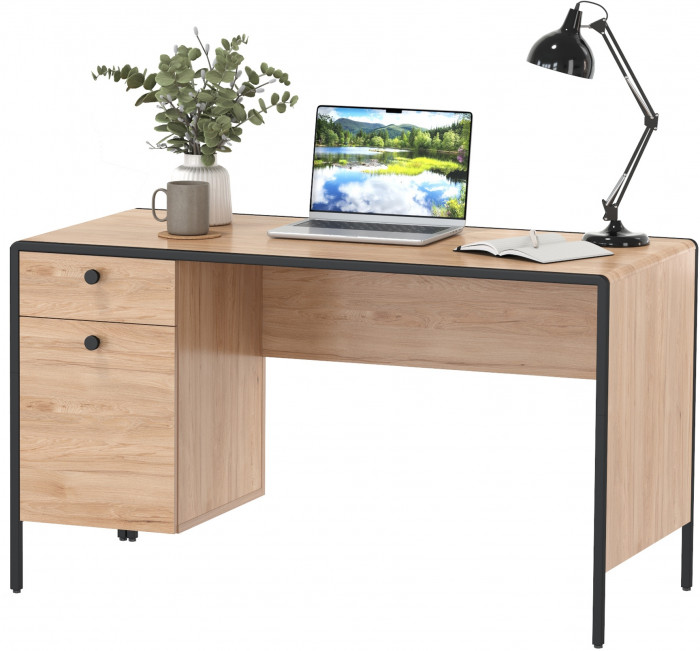 Брюс Стол письменный 12.157, цвет чёрный/дуб Сантьяго/столешница МДФ ель карпатская, ШхГхВ 130х62,6х75 см., универсальная сбока