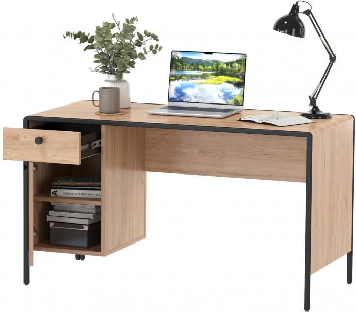 Брюс Стол письменный 12.157, цвет чёрный/дуб Сантьяго/столешница МДФ ель карпатская, ШхГхВ 130х62,6х75 см., универсальная сбока