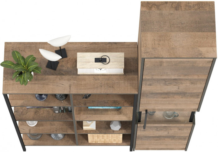 Трувор 13.151.02 Стеллаж + 13.205 Шкаф-пенал с витриной, цвет дуб гранж песочный/интра, ШхГхВ 134,8х37х210 см., универсальная сборка