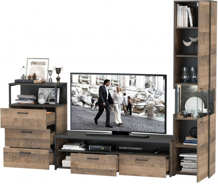 Трувор Гостиная 024, цвет дуб гранж песочный/интра, ШхГхВ 260,6х45,4х210 см., универсальная сборка