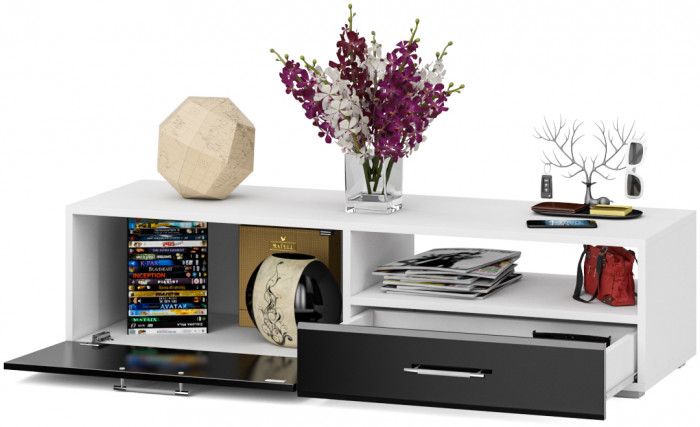 Тумба под ТВ Ларго 1,4, цвет корпус белый/фасады МДФ чёрный глянец, ШхГхВ 140х46х35 см., НЕ универсальная сборка