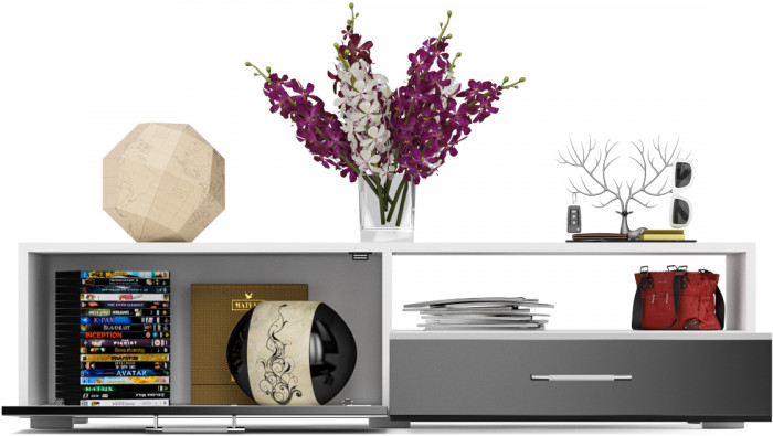 Тумба под ТВ Ларго 1,4, цвет корпус белый/фасады МДФ чёрный глянец, ШхГхВ 140х46х35 см., НЕ универсальная сборка