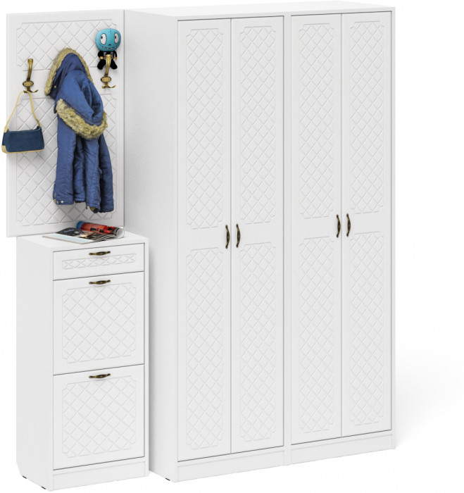 Прихожая П-6 Компоновка № 15, цвет белая шагрень/фасады МДФ белое дерево фрезеровка ромб, ШхГхВ 180х50х210 см., универсальная сборка