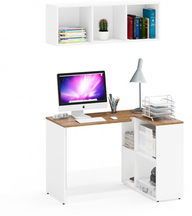 Лидер-8 Стол + Полка, белый шагрень/крафт золото