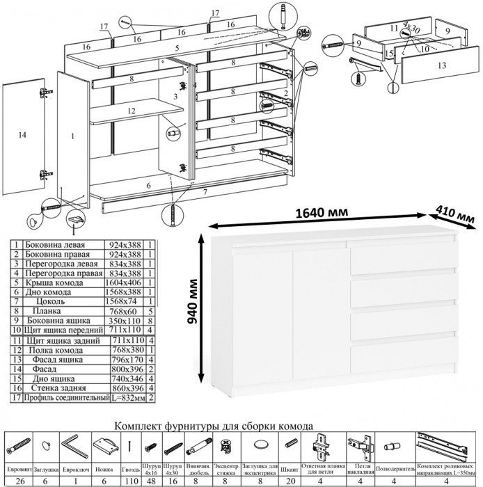 Мори Комод МК1600.1, цвет белый, ШхГхВ 160,4х41х94 см., НЕ универсальная сборка