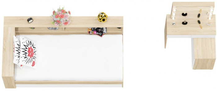 Ксения Кровать с ящиками 0900 + прикроватный блок + Столик с подсветкой 110, дуб сонома/белый