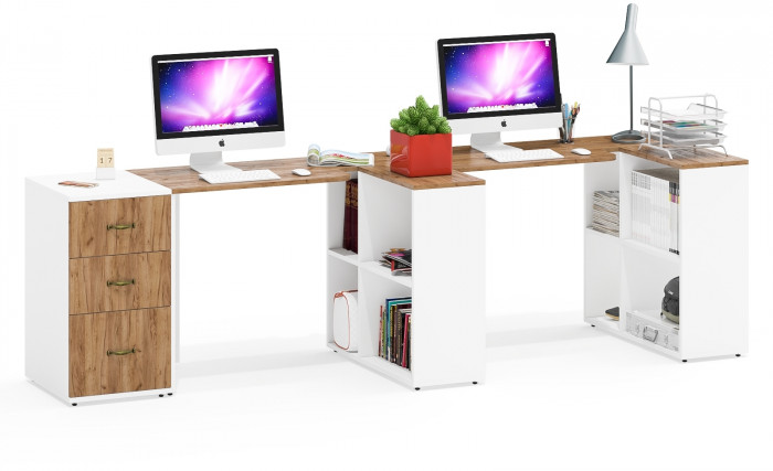 Лидер-8 Стол + Стол + Тумба МД 3.16, белый шагрень/крафт золото