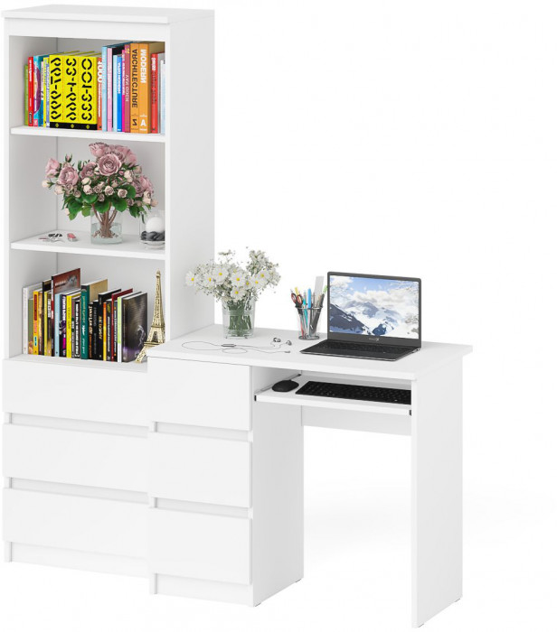 Мори компьютерный стол МС-6 левый + Стеллаж МСТ600.3, белый
