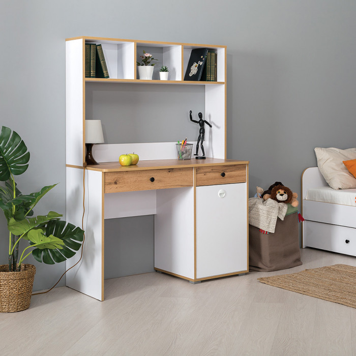 Вуди Стол письменный 12.42 + Надстройка на стол 13.161, цвет белый премиум/дуб крафт золотой, ШхГхВ 110х52,7х158,7 см., универсальная сборка