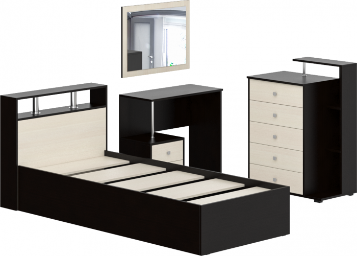 Камелия спальня № 7 Кровать 900 + Стол косметический + Зеркало + Комод, цвет венге/дуб лоредо, сп.м. 900х2000 мм., б/м, основание есть