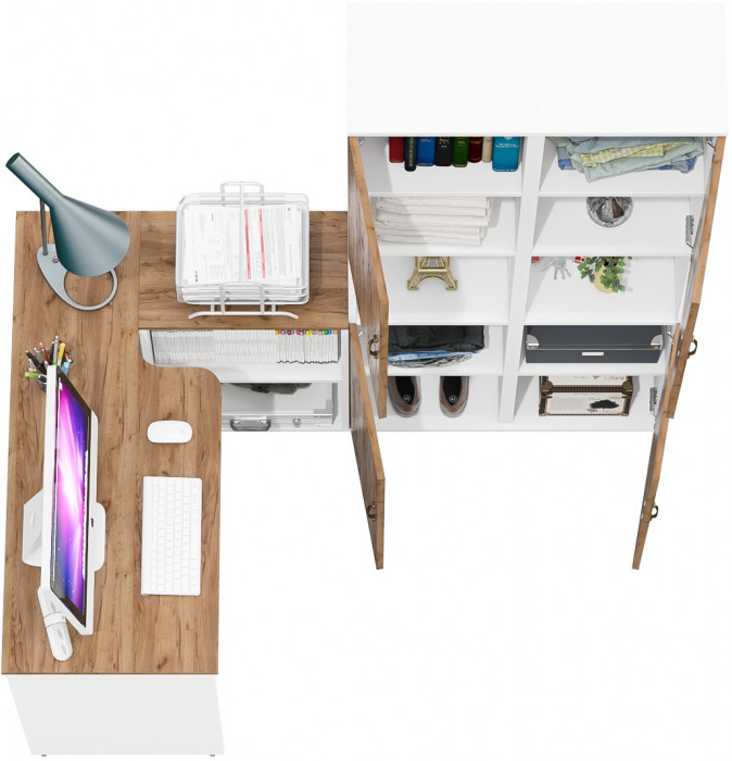 Лидер-8 Стол + Пенал + Пенал, цвет белый шагрень/крафт золото, ШхГхВ 245х50/30х75/190 см. или 115х50/160х75/190 см., НЕ универсальная сборка