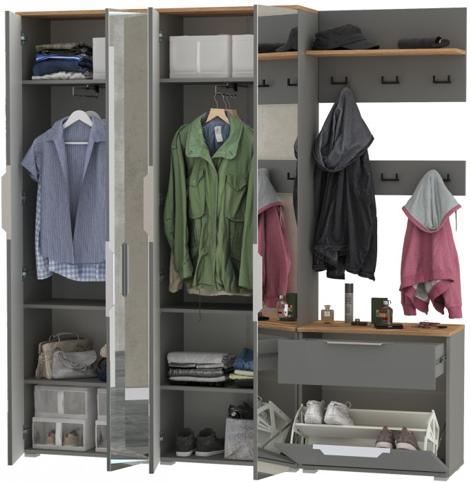 Октава Прихожая 27, цвет серый графит/дуб крафт золотой/фасады МДФ серый графит, ШхГхВ 193,7х35,4х197,6 см., универсальная сборка