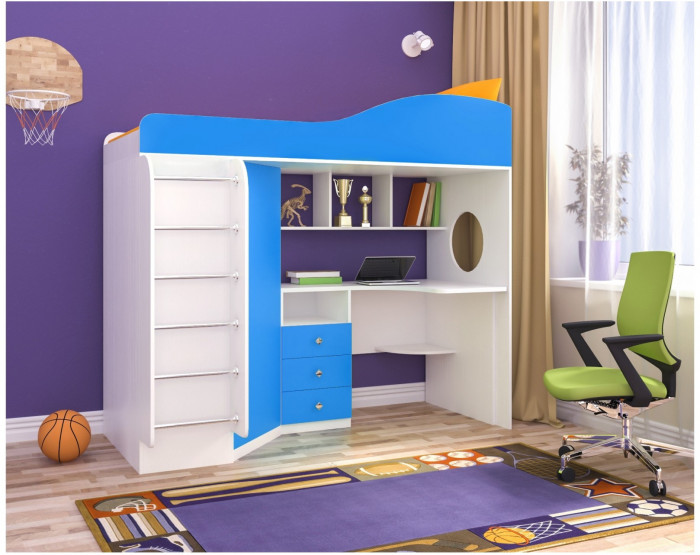 Кровать-чердак Кадет 1 с металлической лестницей (Дуб молочный/Ирис)