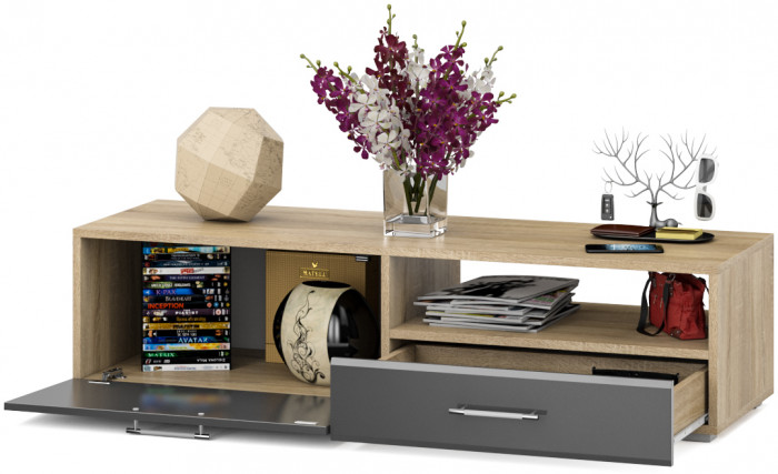 Тумба под ТВ Ларго 1,4, цвет корпус дуб сонома/фасады МДФ графитово-серый глянец, ШхГхВ 140х46х35 см., НЕ универсальная сборка