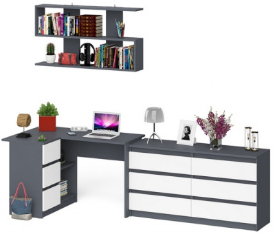 Мори компьютерный стол МС-16 левый + Комод МК1380.6 + Полка 1200, графит/белый