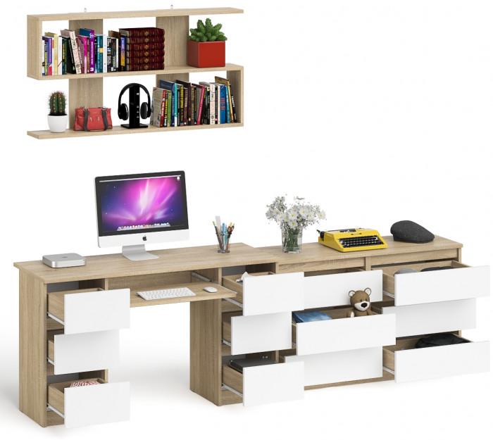 Мори компьютерный стол МС-2 + Комод МК1200.6 + Полка 1200, дуб сонома/белый