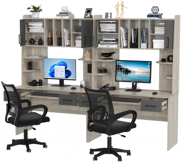 Два стола рабочих 6-0604 Бета + два кресла 103 чёрных, дуб крафт серый/графит