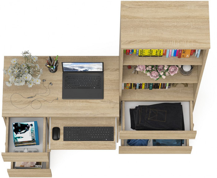 Мори компьютерный стол МС-6 левый + Стеллаж МСТ600.3, дуб сонома