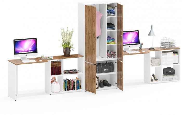 Лидер-8 Стол + Стол + Шкаф МД 20Б, цвет белый шагрень/крафт золото, ШхГхВ 410х50/37,5х75/190 или 230х160/50х75/190 см., НЕ универсальная сборка