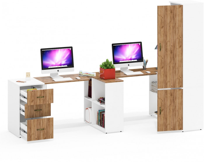 Лидер-8 Стол + Стол + Пенал МД 21Б + Тумба МД 3.16, белый шагрень/крафт золото